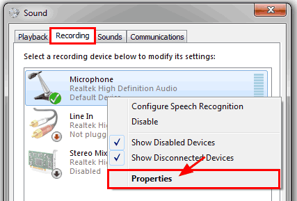 Properties option under the Microphone