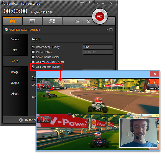 Bandicam Webcam overlay, PiP