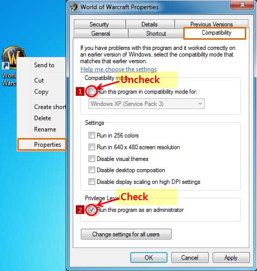 wow compatibility mode, Run as an administrator