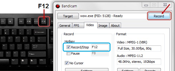 f12 key to start/stop the recording gameplay