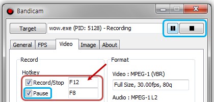f8 key to pause/resume the recording gameplay