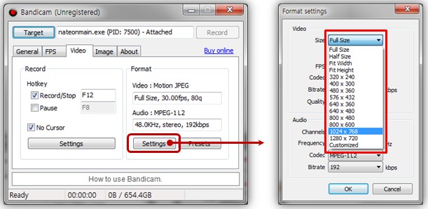 Bandicam video size setting