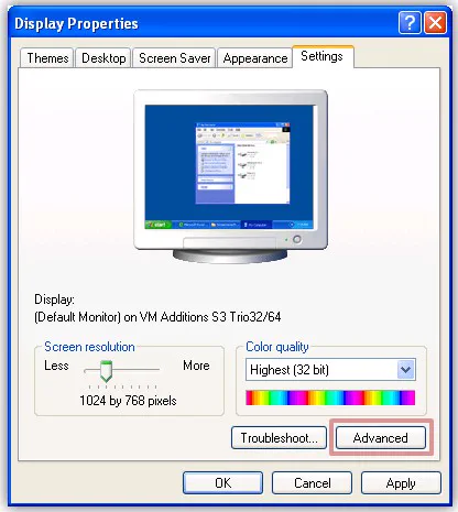 display properties, advanced button