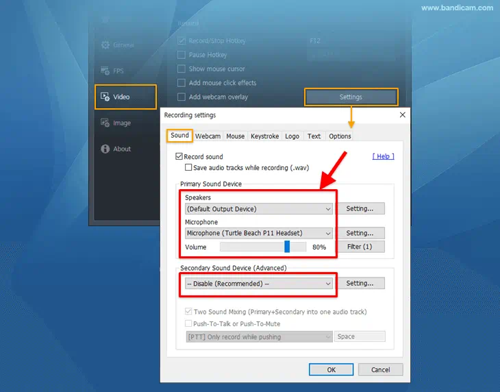 Bandicam - sound settings